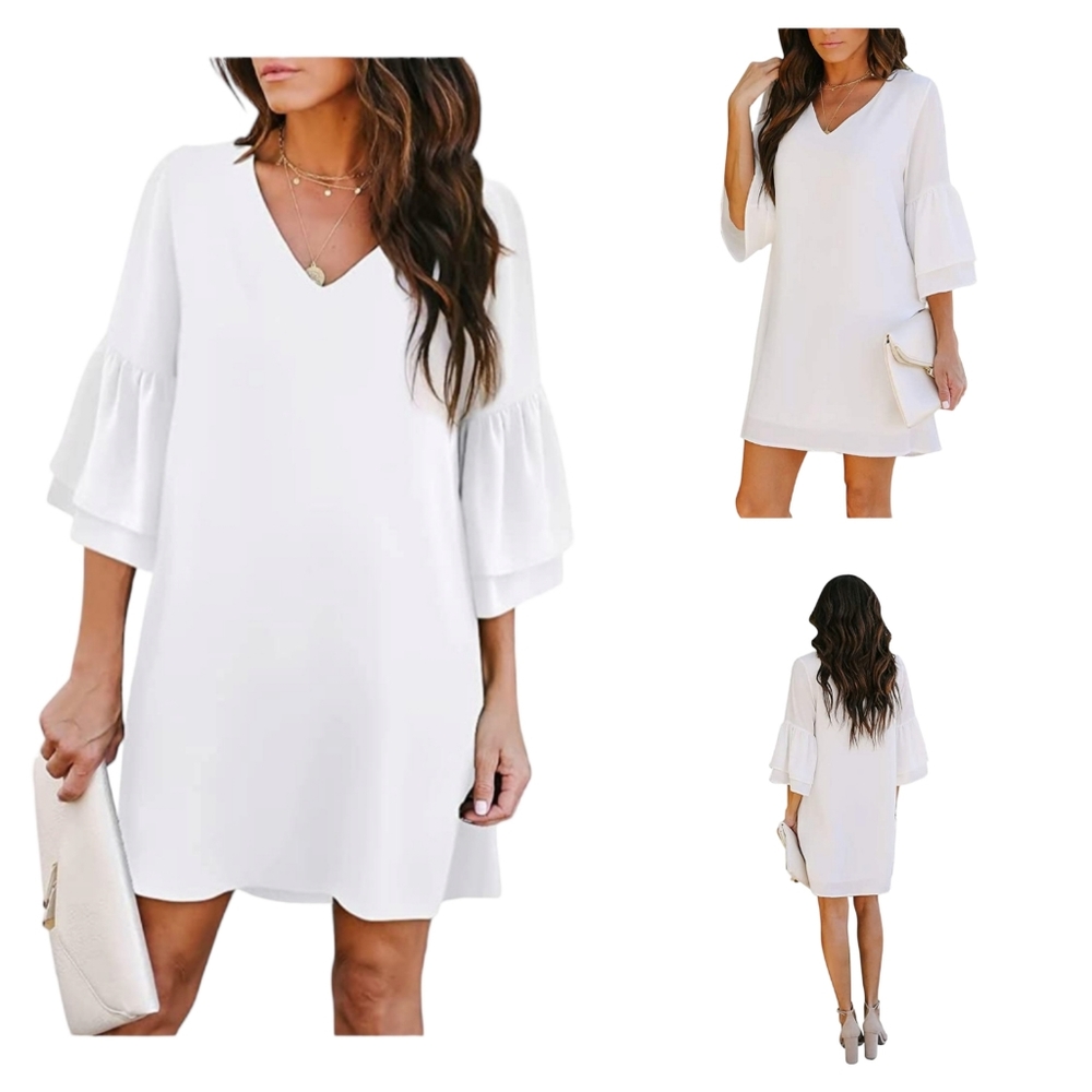 BELONGSCI Women's 2023 Summer Mini Dress, V Neck Bell Tiered Ruffle Sleeves XL